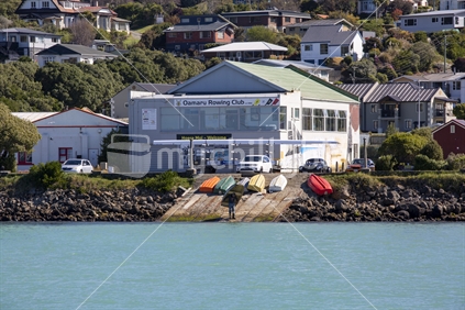 Oamaru Rowing Club with colourful boats and turquoise water