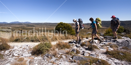 Three women tramp onto the Gouland Downs. Heaphy Track, Kahurangi National Park (high ISO)