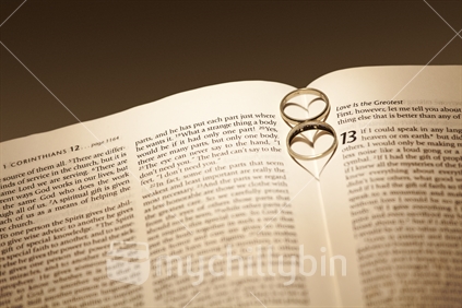 Pair of rings on Love Chapter of the Bible create two love hearts