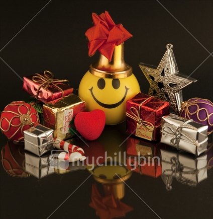 Happy Christmas - smiley face with miniature Xmas decorations