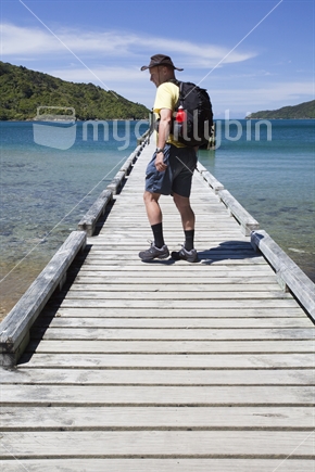 Solo hiker on jetty at Ship Cove, Queen Charlotte Track. Start of South Island section of Te Araroa Trail.