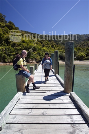 Hiking couple arrive at jetty, Ship Cove, Queen Charlotte Track. Start of South Island section of Te Araroa Trail.