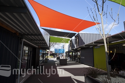 Colourful shade sails decorate the Re-Start mall in central Christchurch