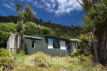 Hunters shanty at Little River, located between Martins Bay & Big Bay on the remote coastline of the South Island.
