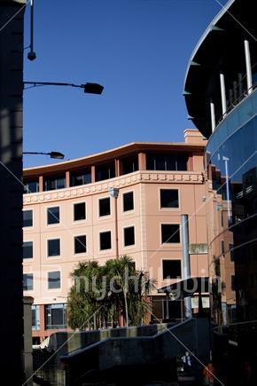View from Wellington Civic Centre past public library. Vertical orientation