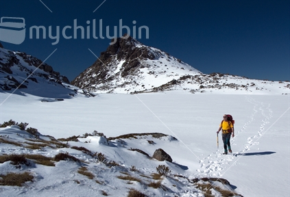 Climber 'walks on water' across the frozen expanse of Lake Iron, Kahurangi National Park.