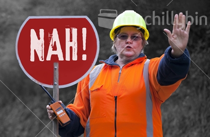 Lady traffic controller on rural road with big NAH! sign and hand signal 