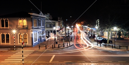 Night scene looking down Trafalgar Street to main shops of Nelson. Viewed from the Cathedral steps.