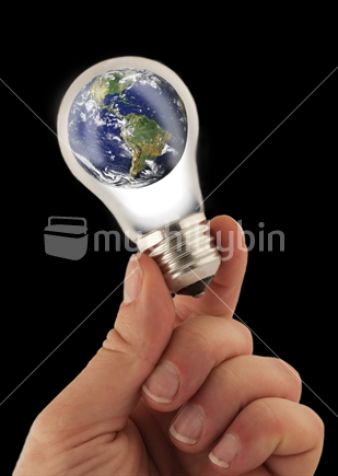 Climate Change icon - Planet Earth (globe) inside a light bulb (globe).