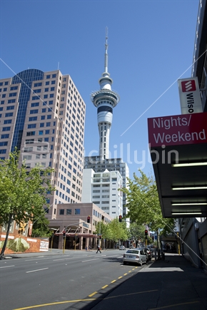 View up Hobson Street in Auckland's CBD with the iconic Sky Tower