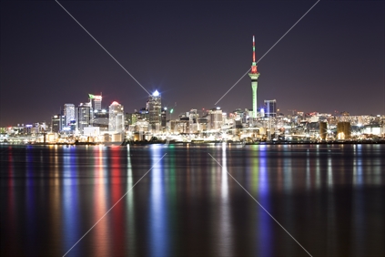 Day to Night Panoramic of Auckland City's skyline reflected in the Waitemata Harbour. Buildings sharpened and sky de-noised. Shot on full-frame DSLR