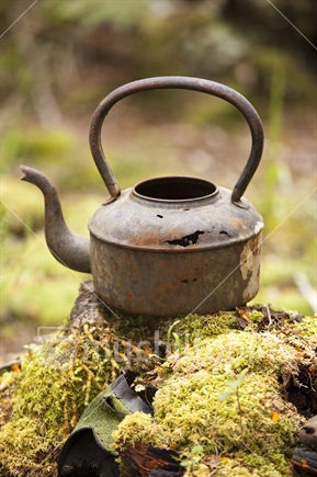 Rustic kettle is a reminder of gold-mining heritage on Old Ghost Road, Buller district.