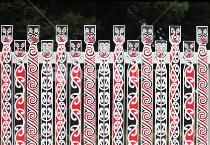 Maori designs on a fence at the Government Gardens, Rotorua, Aotearoa