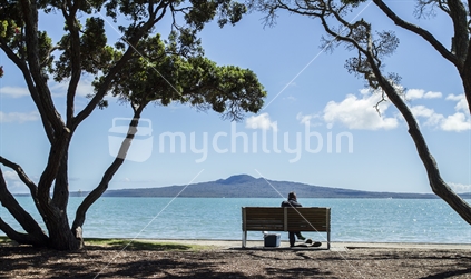 A solitary man in the sunshine at Mission Bay in Auckland with Rangitoto Island in the background.