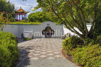 Chinese pagoda and entrance at Hamilton Gardens, Waikato.