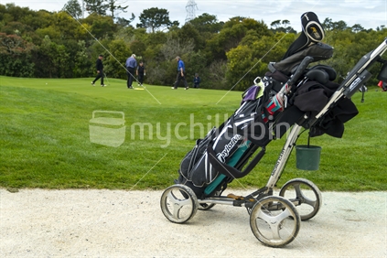 Golf trundler on footpath with out of focus golfers on green behind.