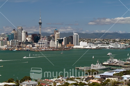 Auckland CBD from Mt Victoria with Devonport Naval base in the foreground