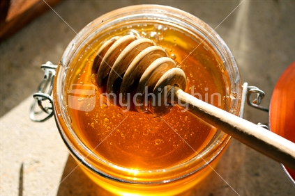 Jar of honey, along with dipper in the sunshine