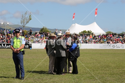 New Zealand police marshalling officials and media representatives at the visit of Their Royal Highnesses, the Prince of Wales and the Duchess of Cornwall, at Show Day, the 150th Canterbury A&P Anniversary. 2012.