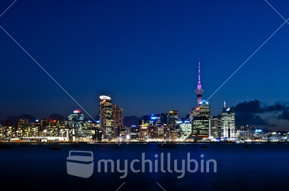 Auckland City lights, as dusk falls over the city.