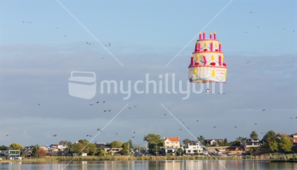 The special cake shaped ballon hovers over Hamilton lake