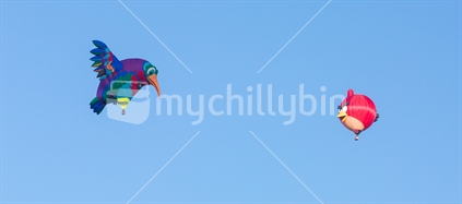 The Hummingbird shaped balloon eyes up the Angry bird shaped balloon, over Hamilton, New Zealand