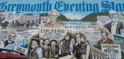 Murals outlining the history of Greymouth cover the exterior of the Greymouth Evening Star building in the CBD