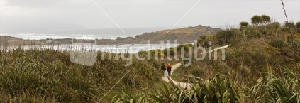 Tourists walk the track of Cape Foulwind on the West Coast of the South Island