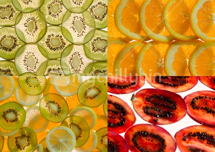 Fruit collage of kiwifruit, tamarillos, oranges and lemons