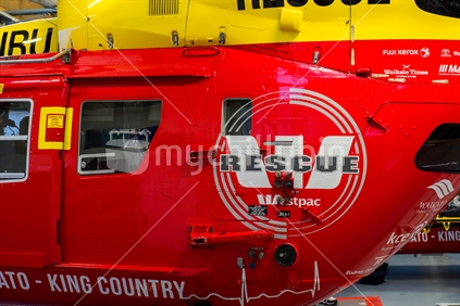 Closeup of Westpac rescue helicopter, King Country, 