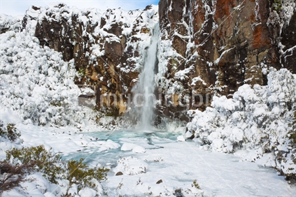 The punchbowl waterfall of the Taranaki Falls during winter in the Tongariro National park