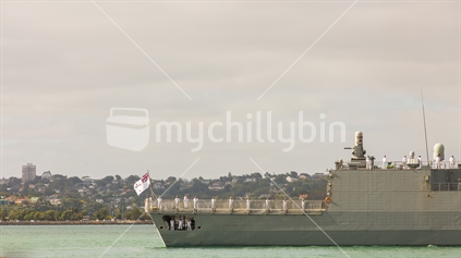 The port of the Royal NZ Navy ship in the sea between Auckland and Devonport