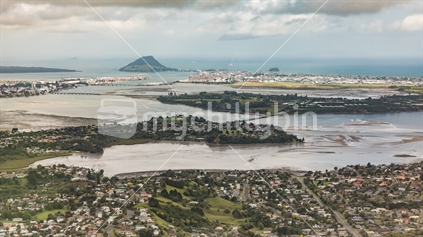 Aerial of view of Tauranga Harbour with Mt Maunganui in the distance