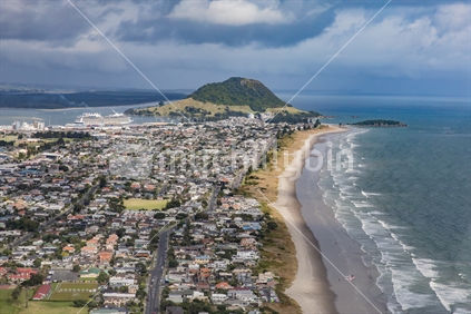 A landscape view of the coastline up to Mount Maunganui