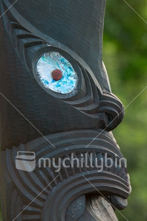 Closeup of carved head in Hamilton Gardens