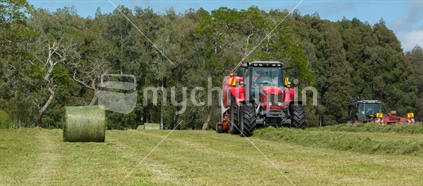 The tractor with the baler follows the mounds of raked grass