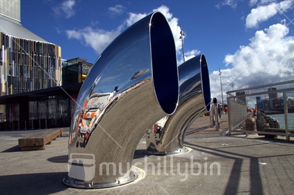Chrome funnels on the quay at Wynyard quarter Auckland