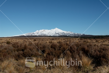 A view of Mount Ruapehu from the Desert Road on a winter morning.