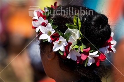 A Pacific Island womans hair decorations at a Waitangi Day Celebration