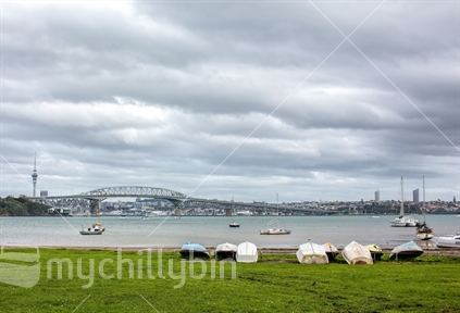 Auckland Harbour Bridge, from Little Shoal Bay on the North Shore.