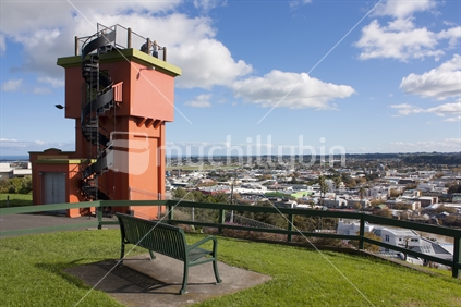 Durie Hill elevator, and empty bench, looking out over Wanganui. 