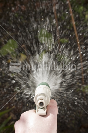 Person watering garden, with a hand held sprayer.  