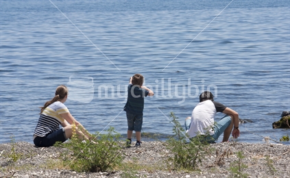 Family by lake