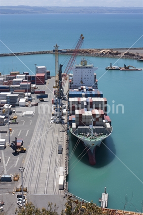 Cargo ship being loaded at the Port of Napier