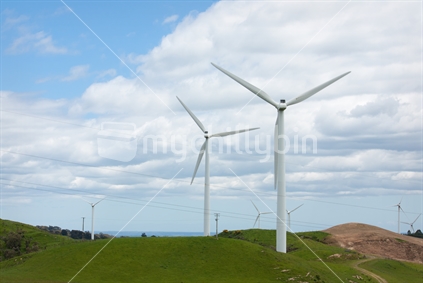 Wind turbines sit in framland, at Te Apiti wind farm in the Manawatu