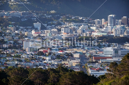 Late afternoon view of Wellington CBD, Newtown Hospital in the foreground.