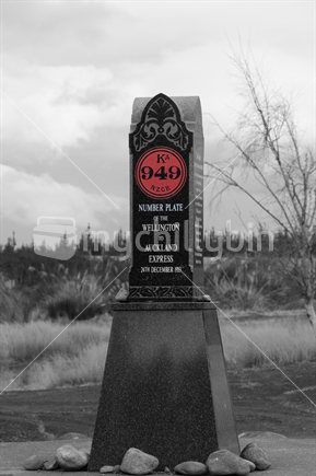 Tangiwai Disaster memorial in black & white with the engine number in colour (high ISO) (digitally modified)