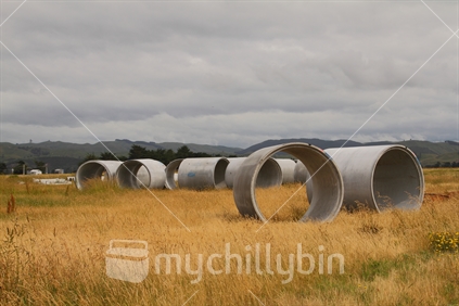 Huge drainage pipes laying in wait on Hawkes Bay Paddock