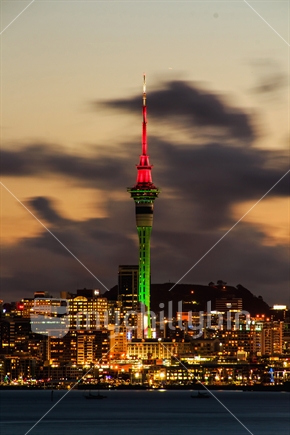 Auckland Sky tower, in Christmas lighting