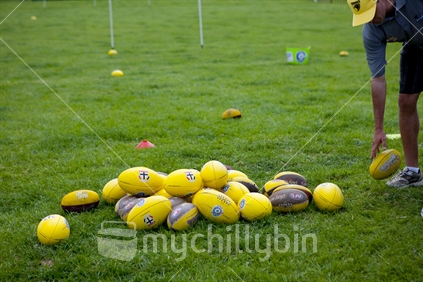 Rugby balls for practice kicking. 